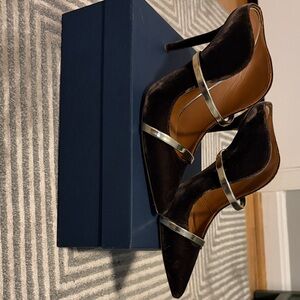 Malone Souliers Black Velvet Pointed Mules with Metallic Straps